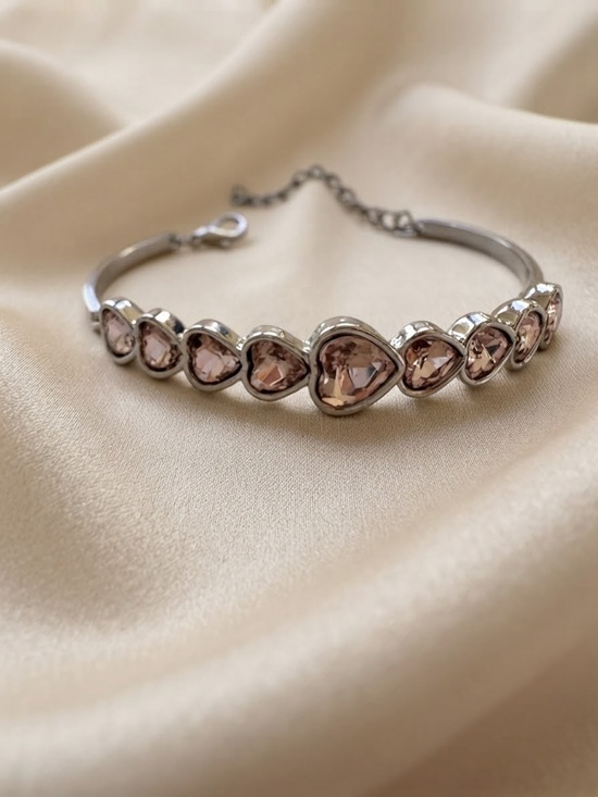 Jewelry - Silver-Tone Pink Crystal Heart Bangle Bracelet